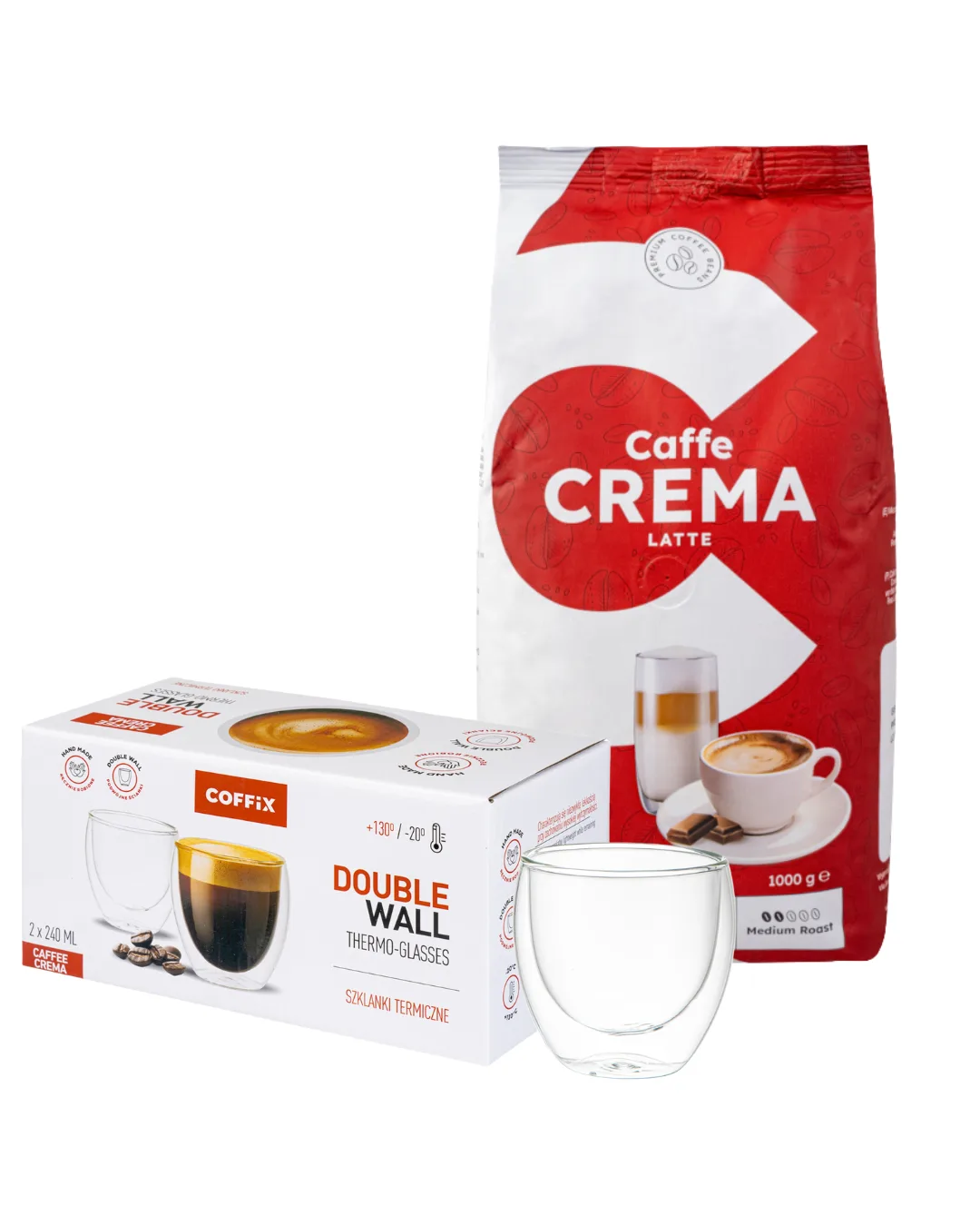 Zestaw Caffe Crema Latte 1 kg + Szklanki Termiczne COFFIX 2×240 ml