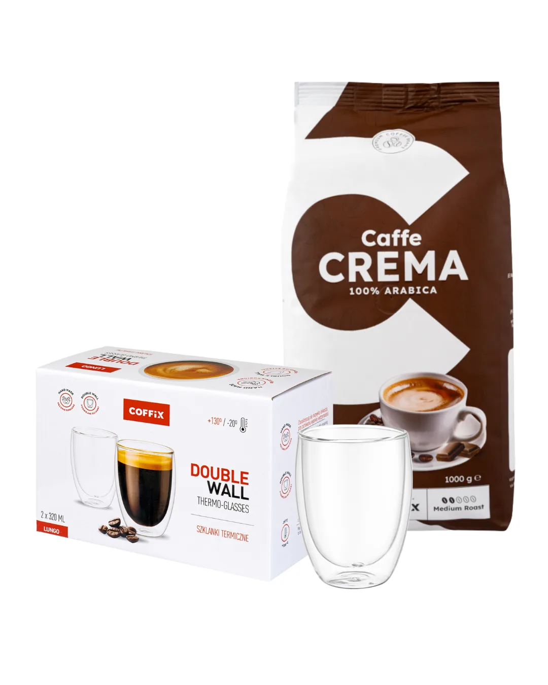Zestaw COFFIX – Caffe Crema 100% Arabica 1 kg + 2 Szklanki Termiczne do Lungo 320 ml