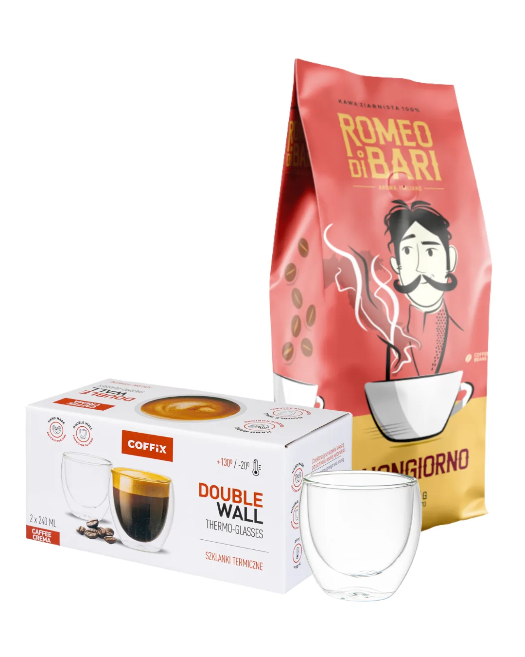 Zestaw COFFIX Romeo Di Bari Buongiorno 1 kg + 2 Szklanki Termiczne do Caffe Crema 240ml