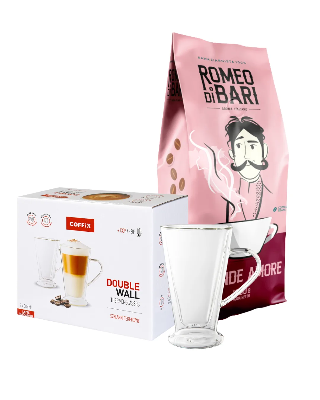 Zestaw COFFIX – Romeo Di Bari Grande Amore 1 kg + 2 Szklanki Termiczne do Latte Machiato 385 ml