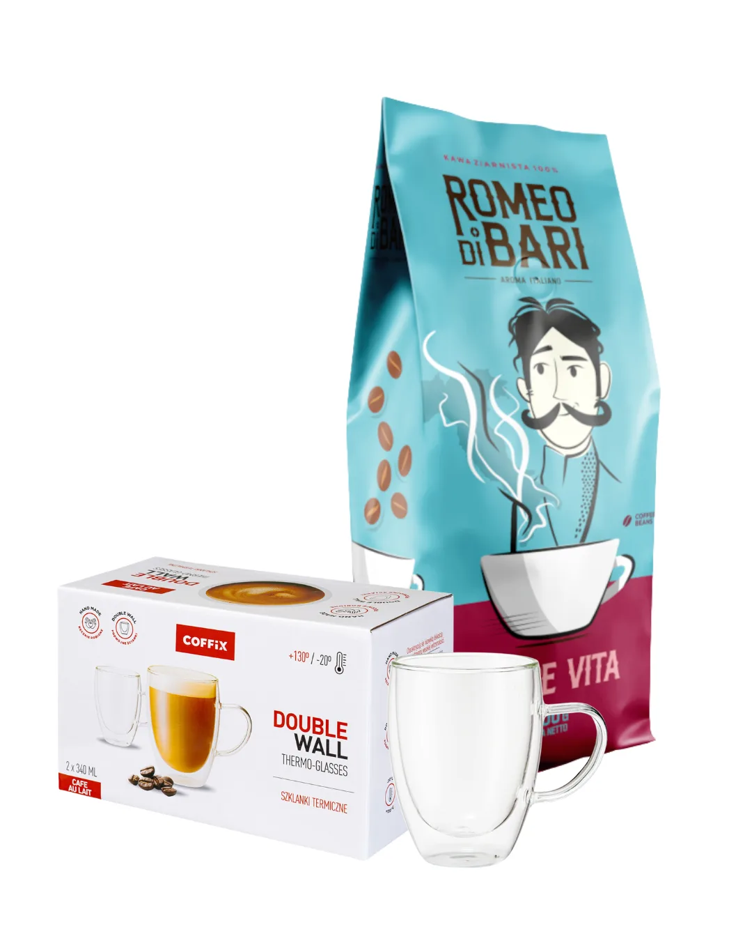 Zestaw Romeo Di Bari Dolce Vita 1 kg + Szklanki Termiczne Latte COFFIX 2×340 ml