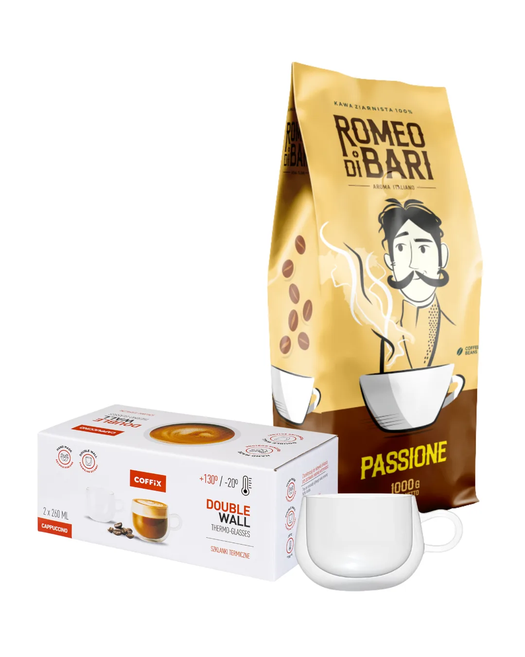 Zestaw Romeo Di Bari Passione 1 kg + Szklanki Termiczne COFFIX 2×260 ml